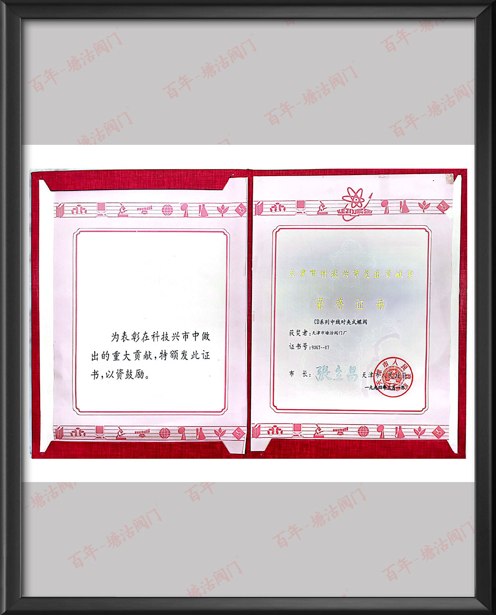 1994年天津市科技興市突出貢獻(xiàn)獎(jiǎng)榮譽(yù)證書(shū)